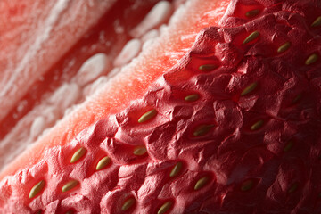 Extreme close-up of strawberry texture, showing red surface, seeds, and subtle light reflection.  Illustrates natural detail, ideal for food, nature, or background imagery
