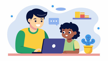 A parent and child duo working together to solve a coding challenge in Python.. Vector illustration