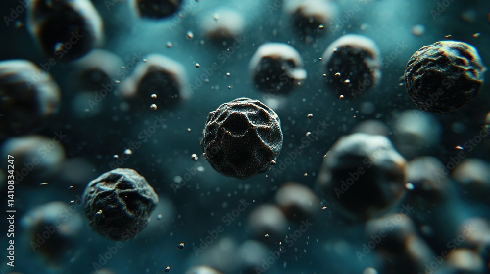 Poster spherical textured objects floating in an aqueous environment with blue hues