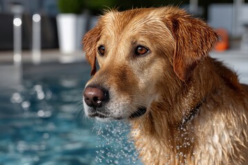 A golden retriever calmly soaks by the pool, droplets of water sparkling off its fur, epitomizing tranquility, warmth, and the joy of spending lazy summer days outdoors.