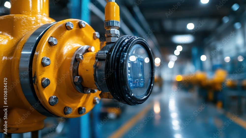 Poster this image features a close-up view of an industrial pipe and gauge, showcasing precision engineerin