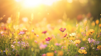 Fototapeta premium A Vibrant Flower Meadow in Full Bloom Bathed in Soft Golden Sunlight Evoking Serenity and Renewal (2)