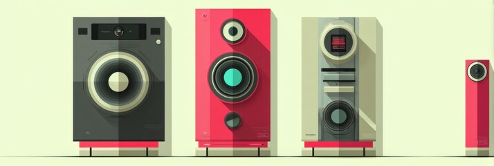 Obraz premium A vibrant collection of retro-inspired speaker designs, showcasing a blend of classic aesthetics and modern minimalist design with varied colors and geometric shapes.