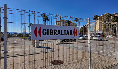 Gibraltar sign indicating border crossing between Spain and Gibraltar, UK