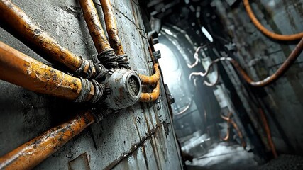 Industrial pipes and cables in an abandoned corridor, illuminated by soft light, evoking mystery - Powered by Adobe