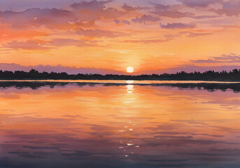 Naklejka premium Serene Sunset Reflection Over Water Orange Sky, Trees, Calm Lake, Nature Landscape, Sunrise Scenery.