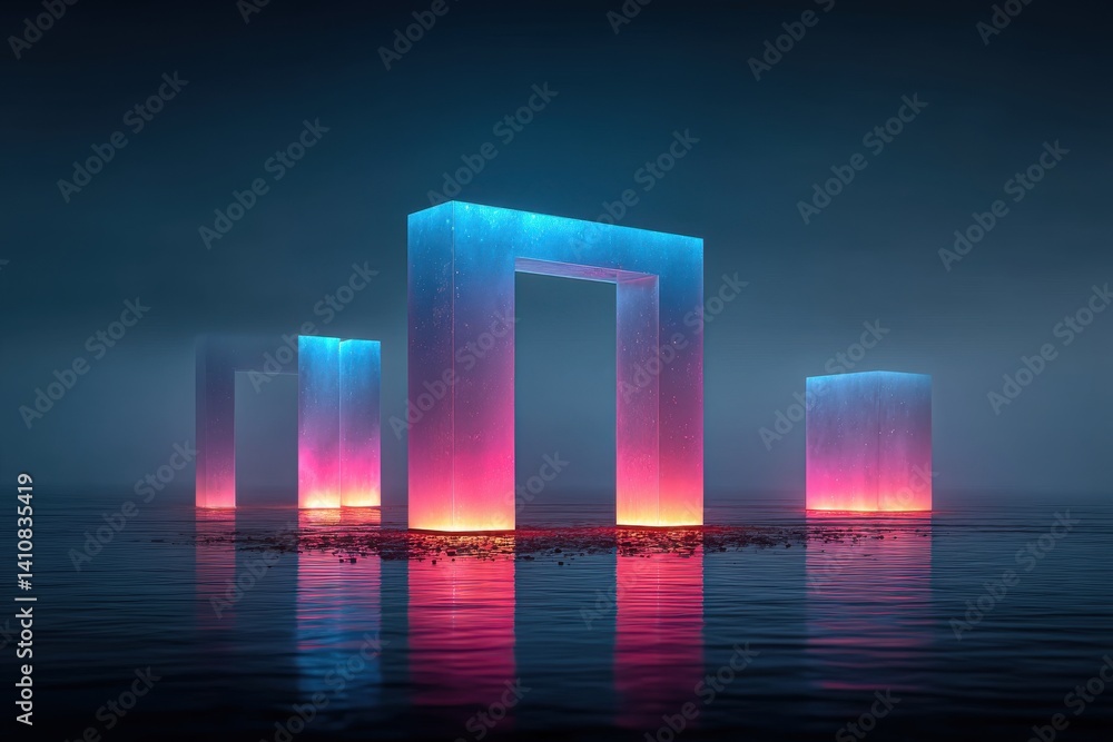 Poster abstract futuristic background with glowing geometric shapes reflected on water, creating a surreal 