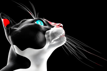 Dramatic 3D render of a black and white cat looking up with vibrant blue eyes.