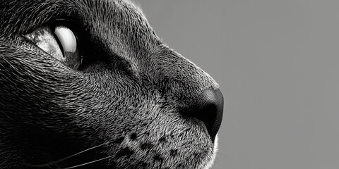 Extreme close-up of a cat’s face in black and white showing eye and nose detail.