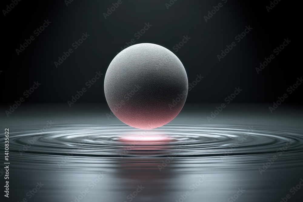 Poster abstract sphere hovering above rippled surface with glowing red light, minimalist scene with a dark 