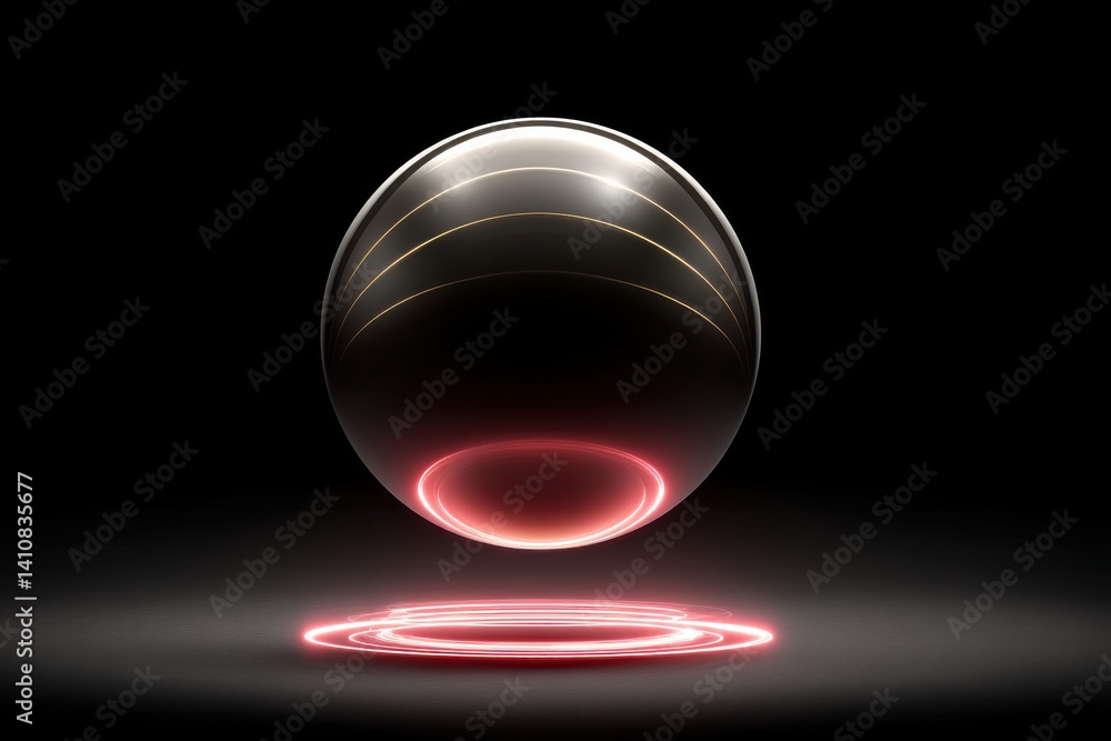 Poster a futuristic chrome sphere hovers above glowing red circles on a dark background, creating a high-te