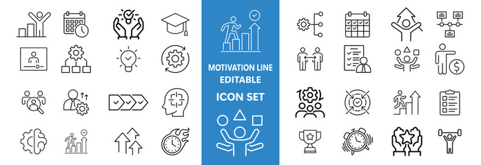 Motivation line editable icon set. Containing personal growth, goal setting, perseverance, achievement, teamwork, passion, thumbs up, and more. Vector illustration