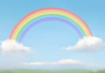 Naklejka premium Colorful Rainbow in Blue Sky with Fluffy Clouds and Green Field Illustration.