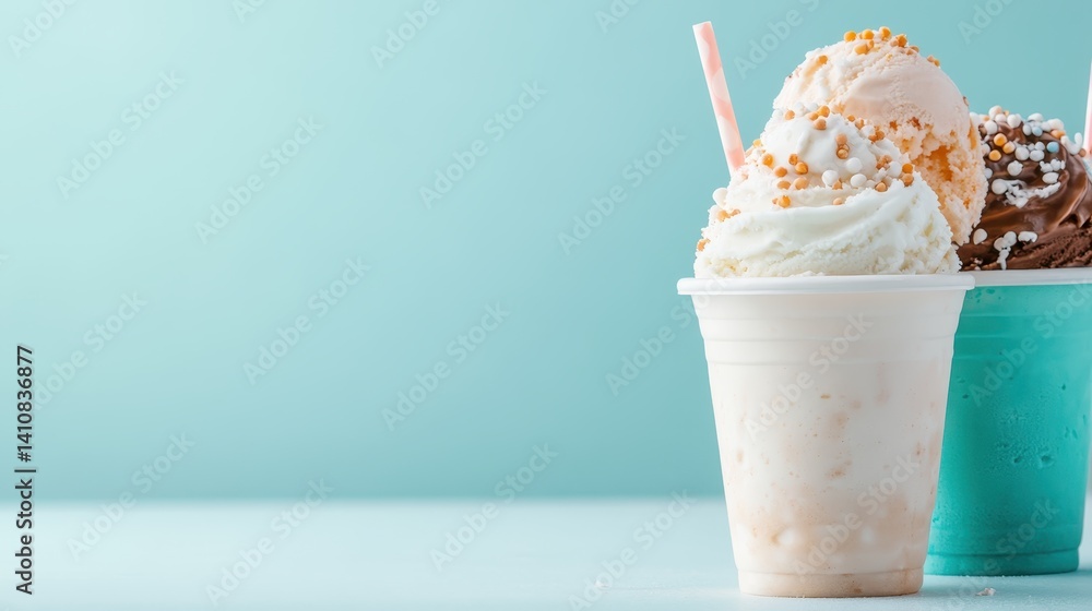 Poster an artistic presentation of ice cream stacked high in chic containers, creating an inviting visual p