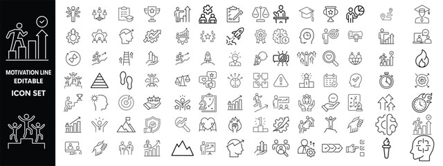 Motivation line editable icon set. Containing personal growth, goal setting, perseverance, achievement, teamwork, passion, thumbs up, and more. Vector illustration