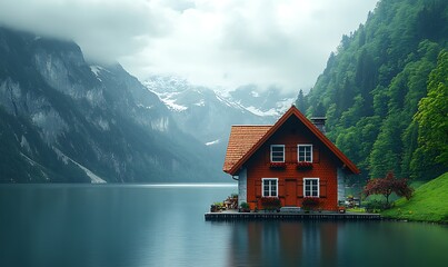 Fototapeta premium Red Wooden House on a Calm Lake Surrounded by Lush Green Mountains