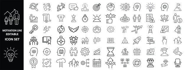 Motivation line editable icon set. Containing personal growth, goal setting, perseverance, achievement, teamwork, passion, thumbs up, and more. Vector illustration