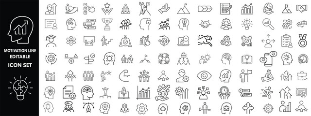 Fototapeta premium Motivation line editable icon set. Containing personal growth, goal setting, perseverance, achievement, teamwork, passion, thumbs up, and more. Vector illustration