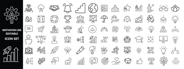 Obraz premium Motivation line editable icon set. Containing personal growth, goal setting, perseverance, achievement, teamwork, passion, thumbs up, and more. Vector illustration