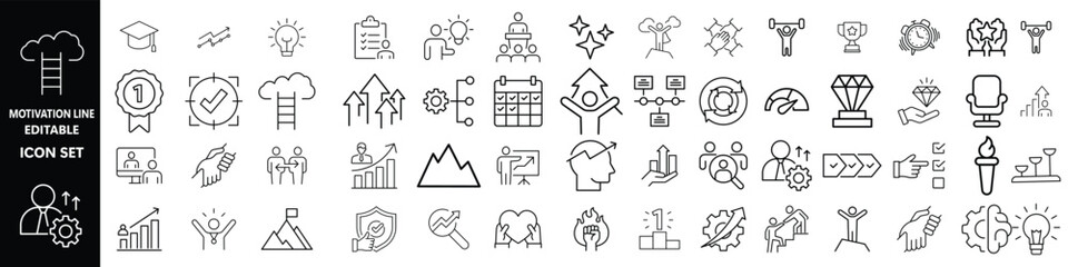Motivation line editable icon set. Containing personal growth, goal setting, perseverance, achievement, teamwork, passion, thumbs up, and more. Vector illustration