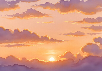 Beautiful Sunset Sky Illustration Orange and Yellow Clouds, Sunlight, Peaceful Scenery.