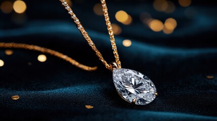 Fototapeta premium This image captures a radiant teardrop gemstone necklace resting elegantly on soft velvet fabric, ideal for showcasing high-end jewelry in an artistic manner.