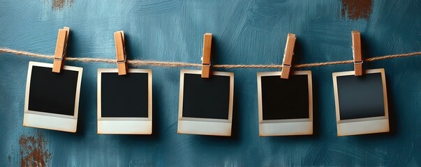 Blank Polaroid photos clipped to twine on a blue wall symbolize memory curation. Used in scrapbook designs, social media templates, or art therapy tools. 