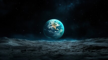 A breathtaking view of Earth from the Moon's surface, capturing the beauty of our planet against the backdrop of a star-filled cosmic landscape at night.