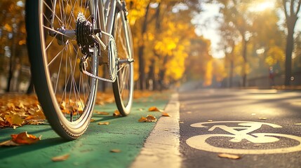 Close-up of bicycle wheel on bike lane with white cycle symbol, autumn leaves, and warm sunlight in serene outdoor setting