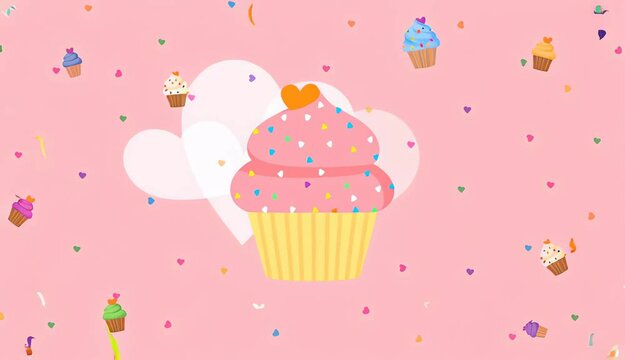 Seamless Cartoon Birthday Background with Cupcakes and Balloons &ndash; Peppa Pig Style Loop. Seamless animated birthday background in playful cartoon style with bouncing cupcakes, candy pink backdrop