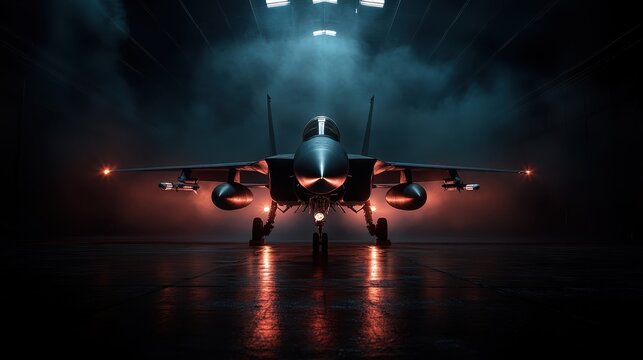 This powerful image showcases a jet fighter illuminated by dramatic lighting and surrounded by smoke, highlighting its sleek design and advanced technology.