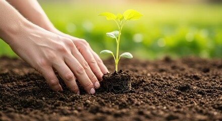 hands planting young seedling in rich soil, symbolizing growth, sustainability, and new beginnings. ideal for garden, environment, and agriculture themes, highlighting nurturing and care