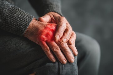 Fototapeta premium An elderly person suffering from hand pain and inflammation due to rheumatoid arthritis, resting their hands on their leg, and seeking relief.
