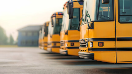 Row Of Yellow School Buses In Parking Lot