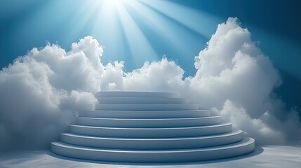 Stairway ascends, surrounded by soft clouds, illuminated by bright sunlight above
