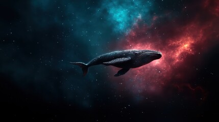 This extraordinary image shows a humpback whale gracefully swimming through a vibrant cosmic ocean, symbolizing the union of marine life and the vastness of the universe.