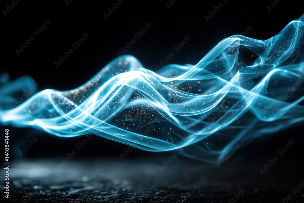 Poster abstract turquoise light trails flowing with energy, illuminated against a dark, minimalist backgrou