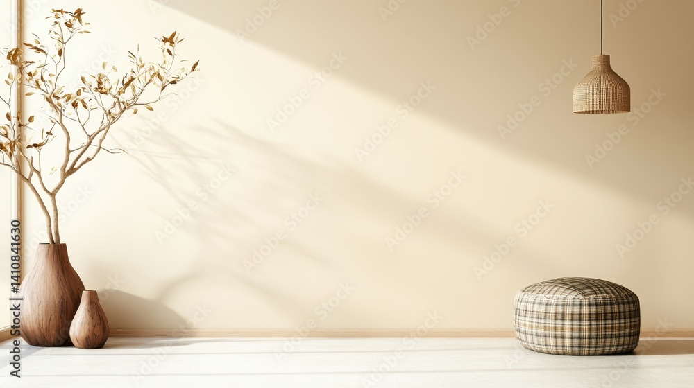 Poster an elegantly designed space showcasing two vases and a patterned pouf, with neutral tones creating a