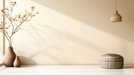 An elegantly designed space showcasing two vases and a patterned pouf, with neutral tones creating a serene environment characterized by natural lighting.
