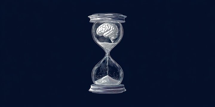 An hourglass with a brain motif and flowing sand symbolizes time&rsquo;s impact on cognition. Used in neuroscience articles, aging studies, or philosophical art. 