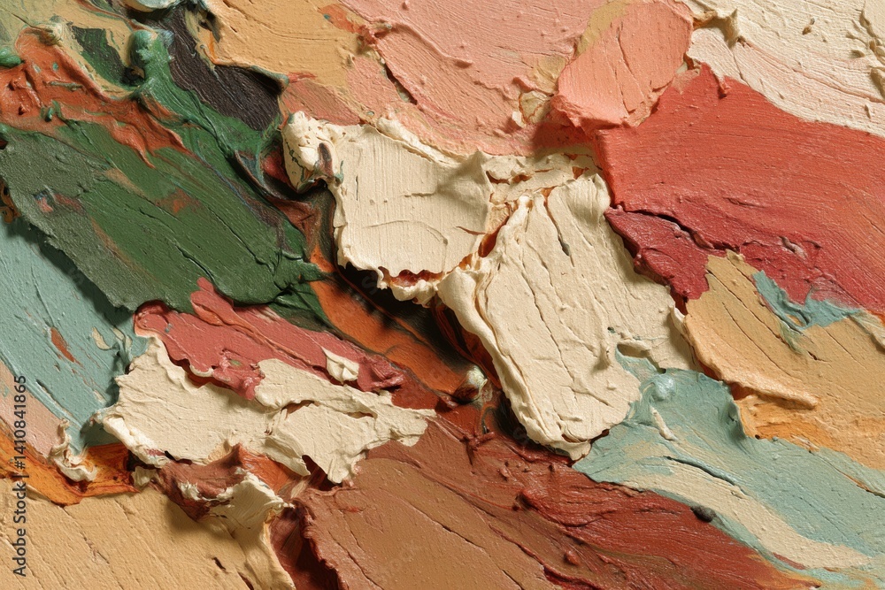 Poster close-up of thick paint strokes in earthy tones creating a textured abstract, evokes a sense of dept