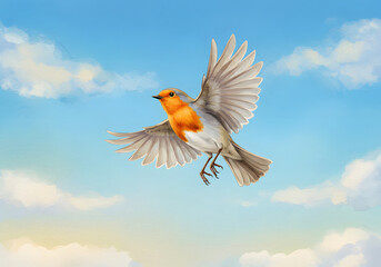 Obraz premium Beautiful Robin Bird Flying in a Blue Sky with Clouds Wildlife, Nature Illustration.
