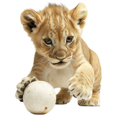 Obraz premium Playful Cub and Ball: A delightful scene unfolds as a young lion cub engages in a playful moment, its tiny paws reaching for a ball, showcasing the pure innocence and playful nature of the animal.