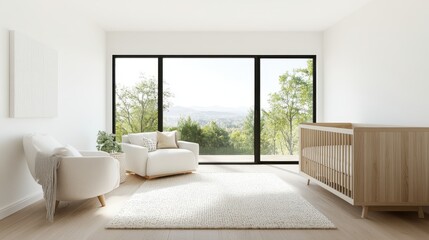 Obraz premium A serene nursery space featuring a crib and cozy armchair, surrounded by large windows offering picturesque views of nature, promoting a calming environment for parents.