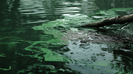 A pool of water polluted by chemical waste, an aerial shot of water polluted by factory waste, algae bloom caused by pollution