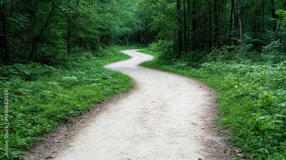 Aufkleber a scenic view of a winding path through a vibrant green forest filled with trees, creating a tranqui