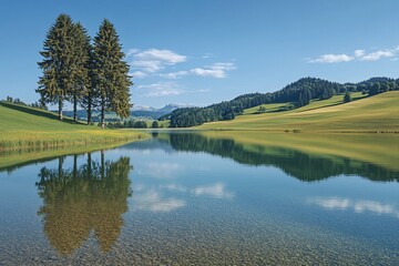 Fototapeta premium Serene Lake Reflection with Green Hills and Trees Under a Blue Sky