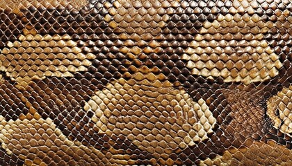 Close-up of snake skin with overlapping brown and beige scales. Applies to fashion design, wildlife documentaries, or luxury accessories. 