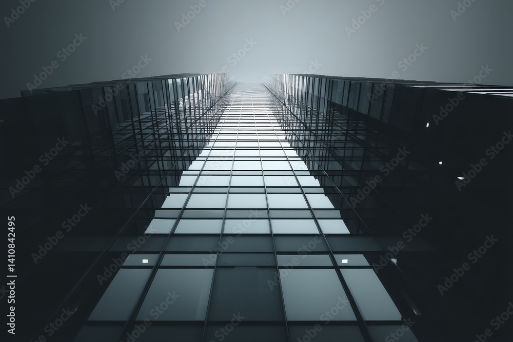 Poster looking up at a modern glass skyscraper with geometric patterns and reflective windows, symbolizing 