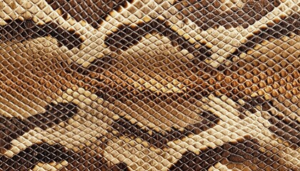 Close-up of snake skin with overlapping brown and beige scales. Applies to fashion design, wildlife documentaries, or luxury accessories. 